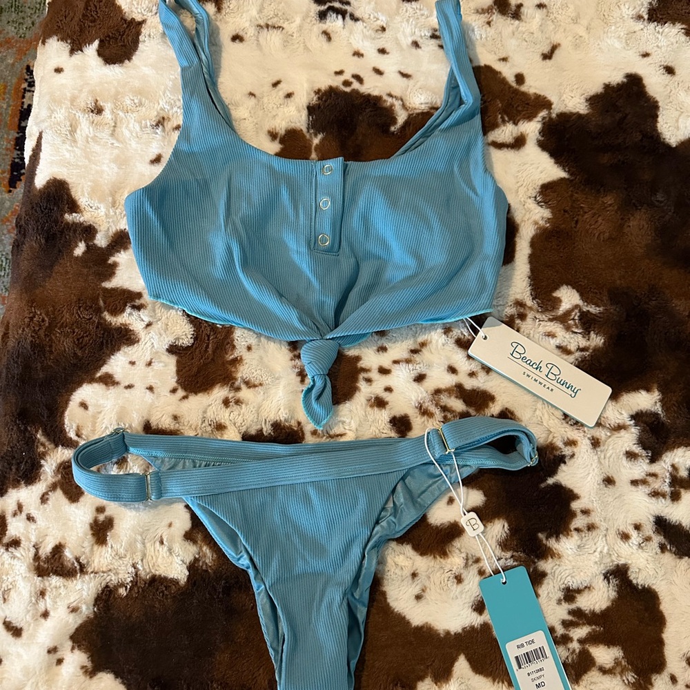 Beach Bunny Light Blue Ribbed Tie-Front Bikini Set
